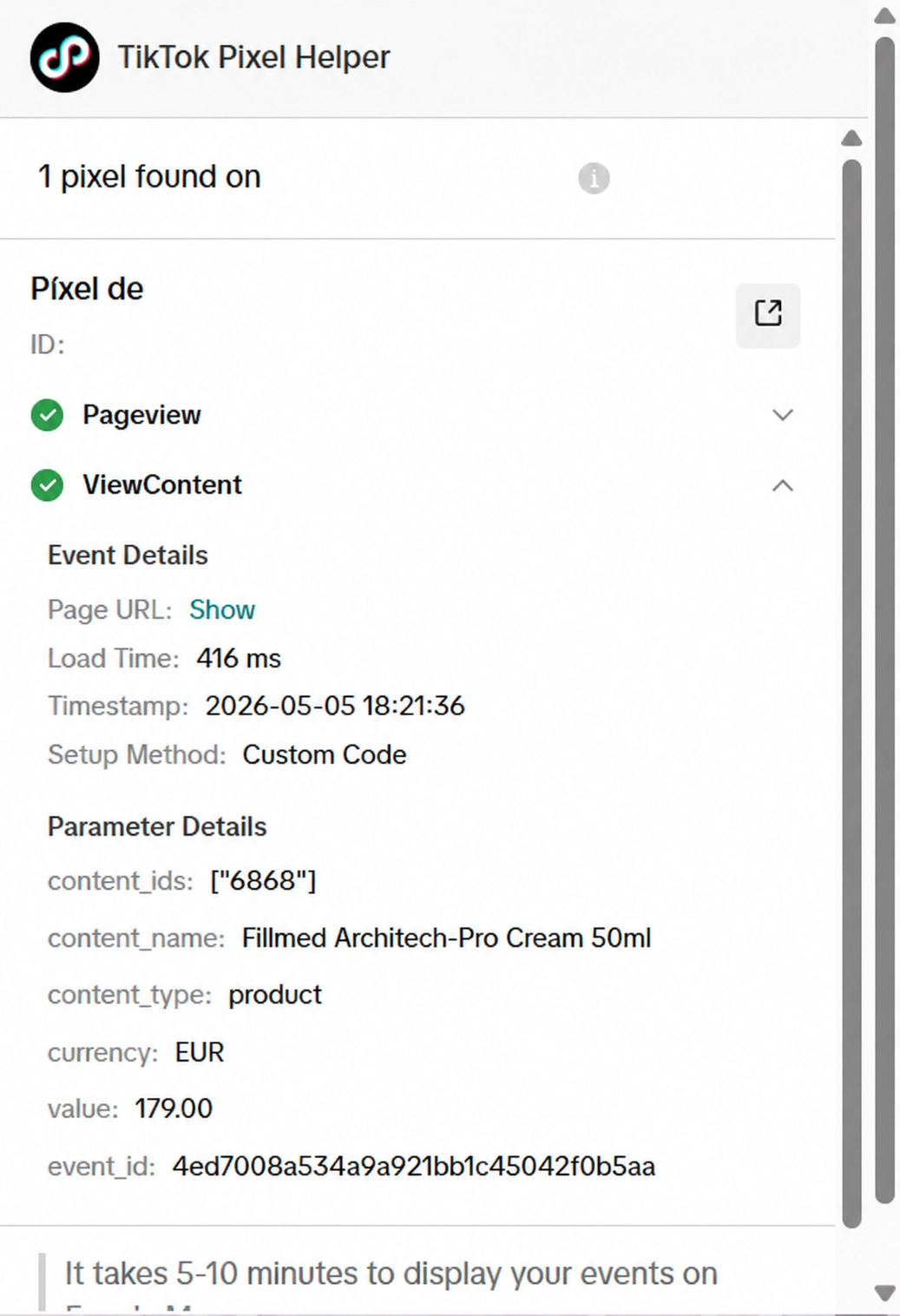 TikTok Pixel Helper showing ViewContent event with complete product parameters: content_name, value 179.00 EUR, event_id
