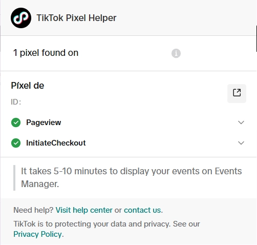TikTok Pixel Helper showing Pageview and InitiateCheckout events both active and verified