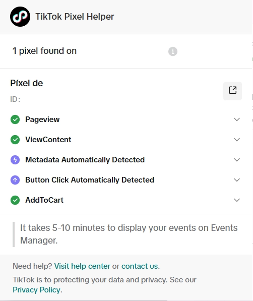 TikTok Pixel Helper showing 5 active events: Pageview, ViewContent, Button Click, AddToCart. All working.